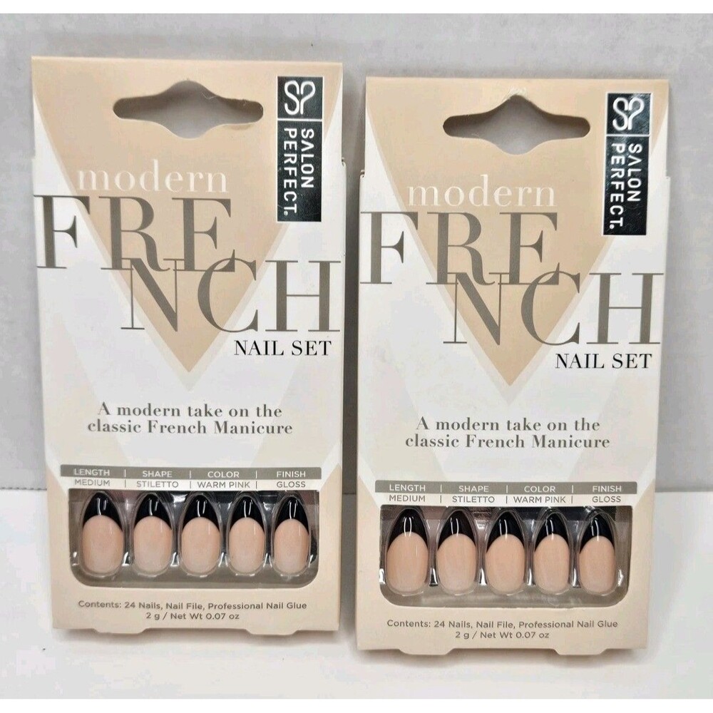 Salon Perfect Salon Modern French Nail Set Medium Stiletto Black Tips (Lot Of 2)